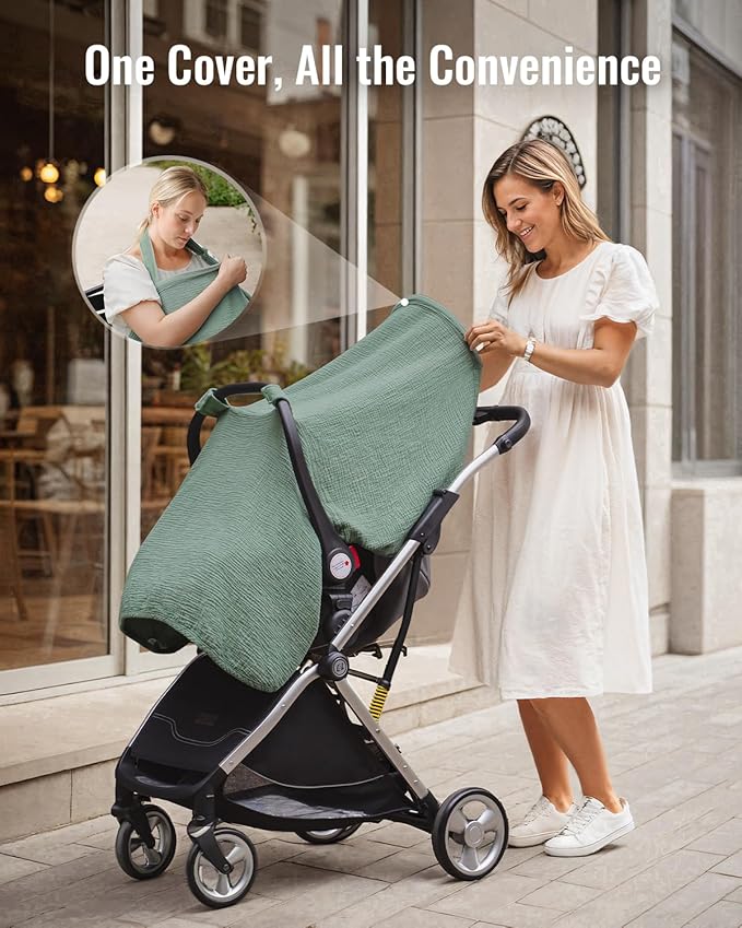 Blissful Diary 2-in-1 Muslin Baby Car Seat Cover, Multi-use Nursing Cover for Breastfeeding, Breathable Infant Car Seat Cover Canopy - Roman Green