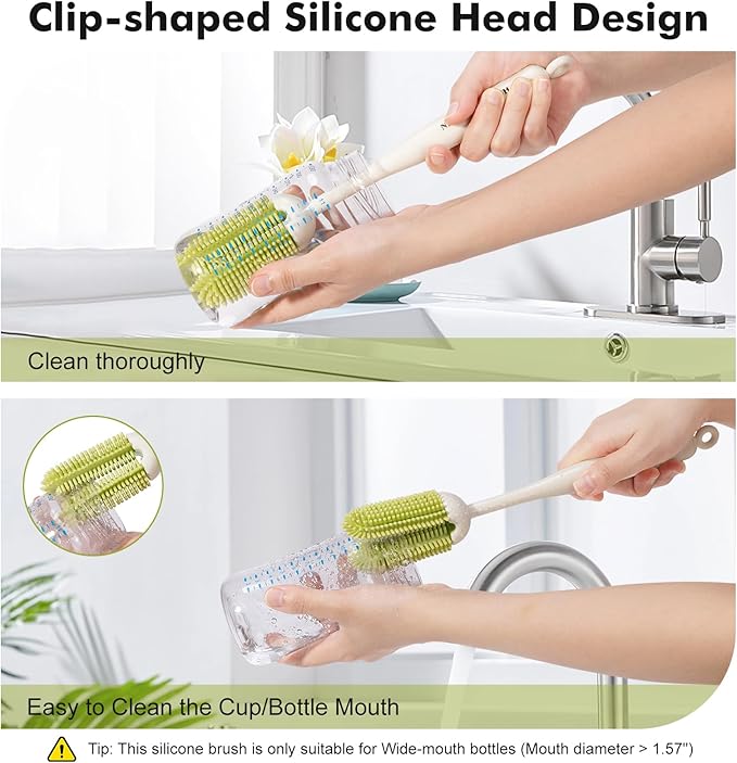 5-in-1 Baby Bottle Brush Kit, Silicone Bottle Brush for Baby Bottle and Breast Pumps, Sponge Nipple Brush with Replaceable Brush Head, Straw Brushes, Green