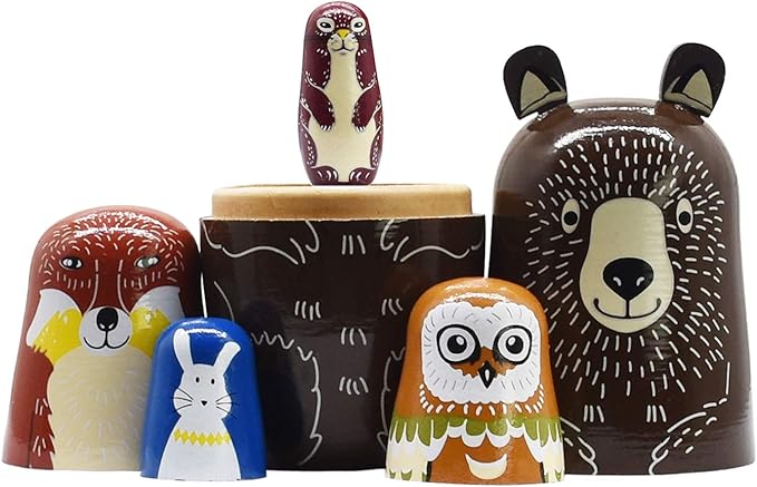 Tphon Russian Nesting Dolls Bear Wooden Matryoshka Dolls for Kids Handmade Cute Cartoon Animals Pattern Nesting Doll Toy Stacking Doll Set of 5