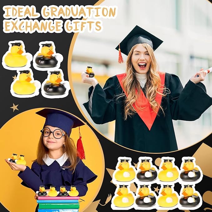 52 Pcs Graduation Rubber Duck 2025 Graduation Diploma Rubber Duckies Grad Cruise Duck Bulk Classroom Reward Prize for Student Bathtub Swimming Pool Theme Party Favors (Black Gold Color)