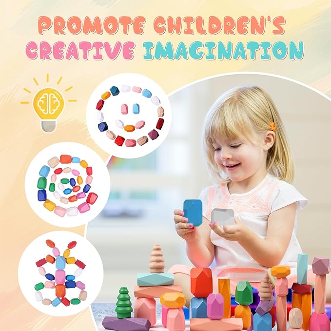 50 PCS Wooden Stacking Rocks Sensory Toys for Toddlers 3-4 Learning Montessori Building Block Toys Balancing Stacking Stones Preschool Learning Educational for Kids 3 4 5 Years Old Gifts