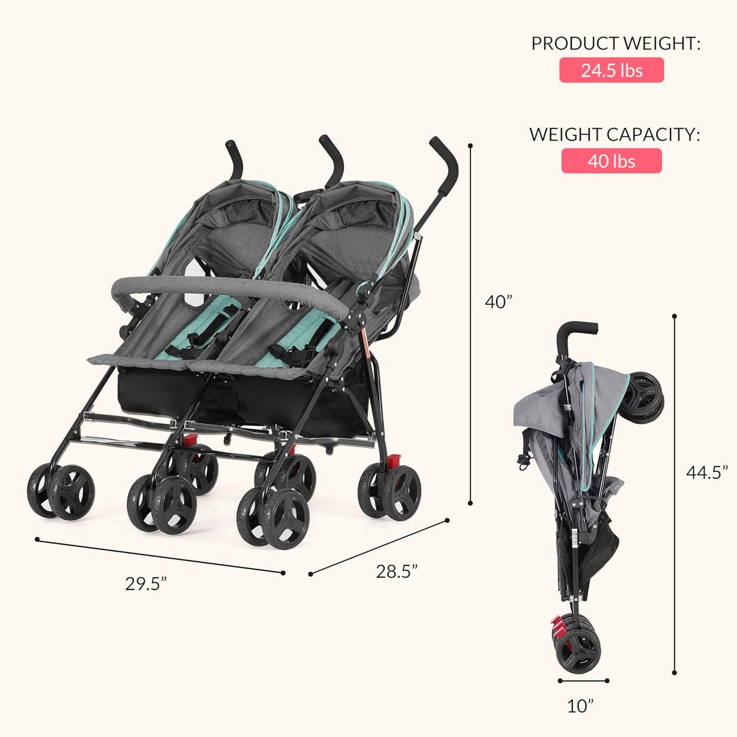 Dream On Me Volgo Twin Umbrella Stroller in Mint, Lightweight Double Stroller for Infant & Toddler, Compact Easy Fold, Large Storage Basket, Large and Adjustable Canopy