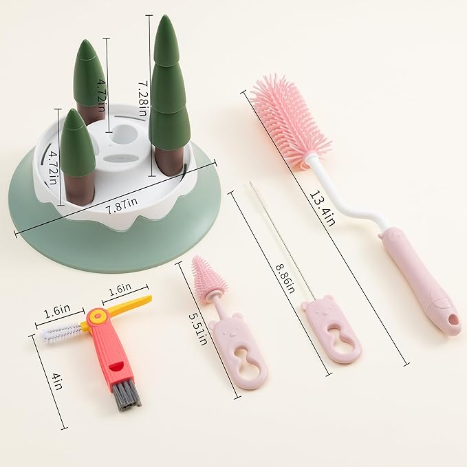 Chemimoso Baby Bottle Drying Rack and Cleaning Set, with Spinning Silicone Baby Bottle Brush, Pacifier Brush, Straw Brush, Cup Lid Cleaning Brush, 2025 Xmas Holiday Surprise Gift for Newmom, Pink