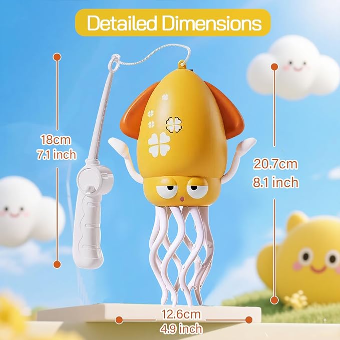 Dancing Octopus Toy Magic Electric Playful Tummy Time Toy, Auto Evasion Crawling Dancing Octopus with Fishing Rod for Baby Toddlers for 3 4 5 6 Year Old Kids Boy Girl Birthday Gifts (Yellow)