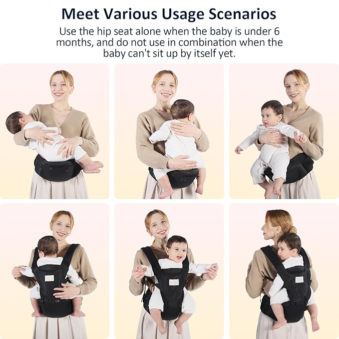Baby Carrier with Hip Seat, 6-in-1 Baby Carrier Newborn to Toddler, Detachable Hands-Free Infant Carrier, One Size Fits All, All Seasons, Black