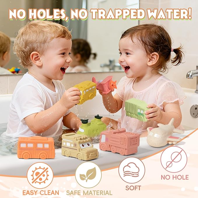 Mold Free Baby Bath Toys, 9 PCS No Hole Vehicle Bath Toys, Soft & Safe Toddler Bath Toy Set, Bathtub Water Beach Pool Toys for Babies 6-12 Months, Baby Gift for Christmas, Birthday, Stocking Stuffers