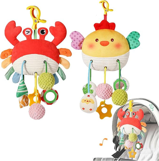 Carseat Toys Hanging, Crab Stroller Toy with Clamp,Plush Pull String Sensory Rattle,Built-in Bell, Rattle,Squeaky,Mirror for Infant,Babies Gift 0-3-6-12 Months Boy Girl