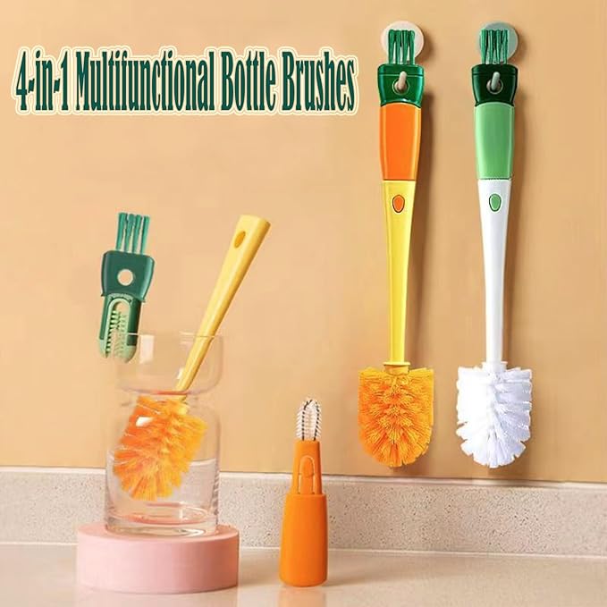 Multi-Role Bottle Brush, Long Handle Bottle Brush Cleaner, Flexible Scrub Brush for Water Bottles, Glasswares, Cup, Safe On Multiple Types of Vacuum Cup, Baby Bottles, Vases 2Pcs (4-in-1)
