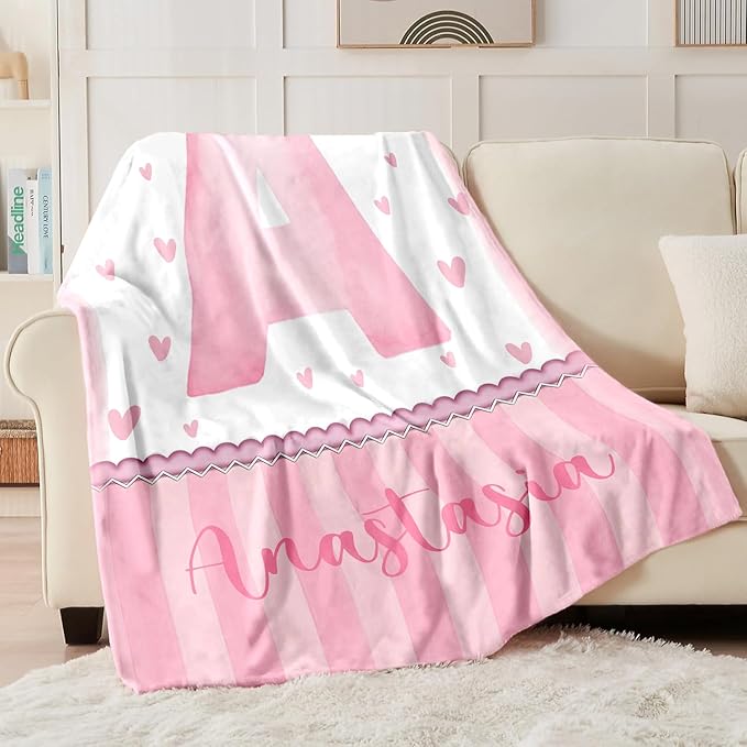 Personalized Baby Blanket for Girls, Custom Baby Blanket with Name, Soft Cozy Personalized Name Blankets for Kids, Customized Letters Blanket for Infant Toddler Birthday Christmas