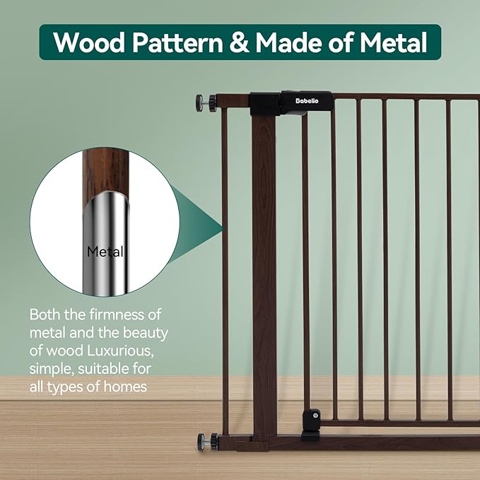 BABELIO Baby Gate with Black Wood Pattern, 29-48 Inch Auto Close Dog Gate PressGuard P7 for The House, Stairs and Doorways, Pressure Mounted Pet Gate with Door and Y Spindle Rods