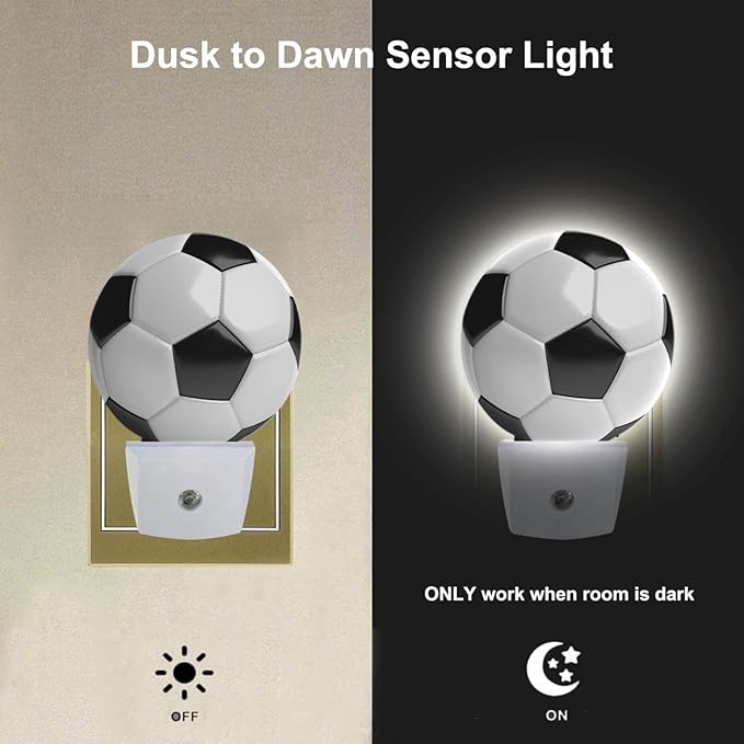 EKOBLA Soccer Night Light American Soccer Ball Black and White Sports Design Night Lights Plug into Wall with Dusk to Dawn Sensor for Boys Room Men Cave, LED 0.5W Sleep Friendly