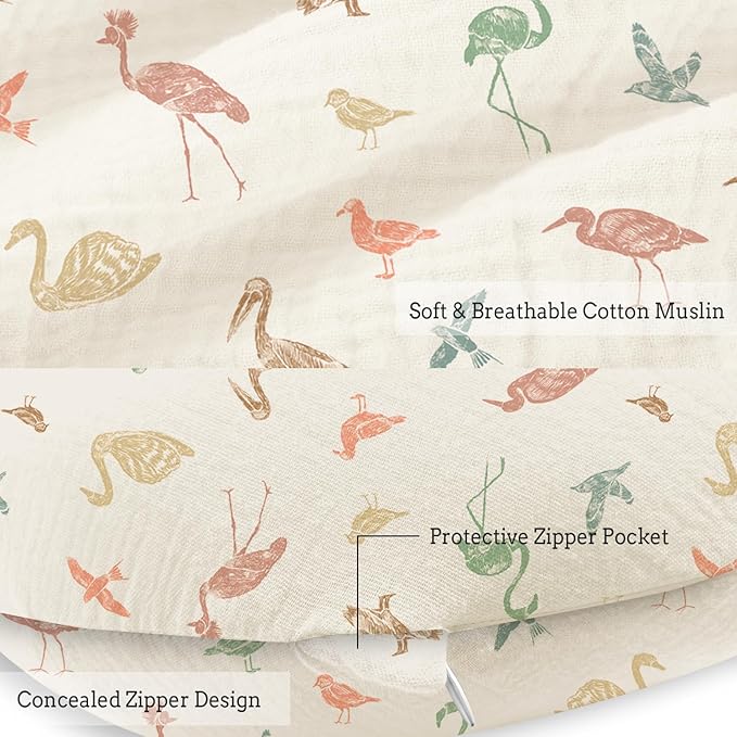 Little Grape Land Nursing Pillow Soft 100% Cotton Breastfeeding Pillow with Breathable Muslin Removable Cover, Wetland Wings Breast Feeding Pillows for Babies 0-12 Months with Protective Zipper