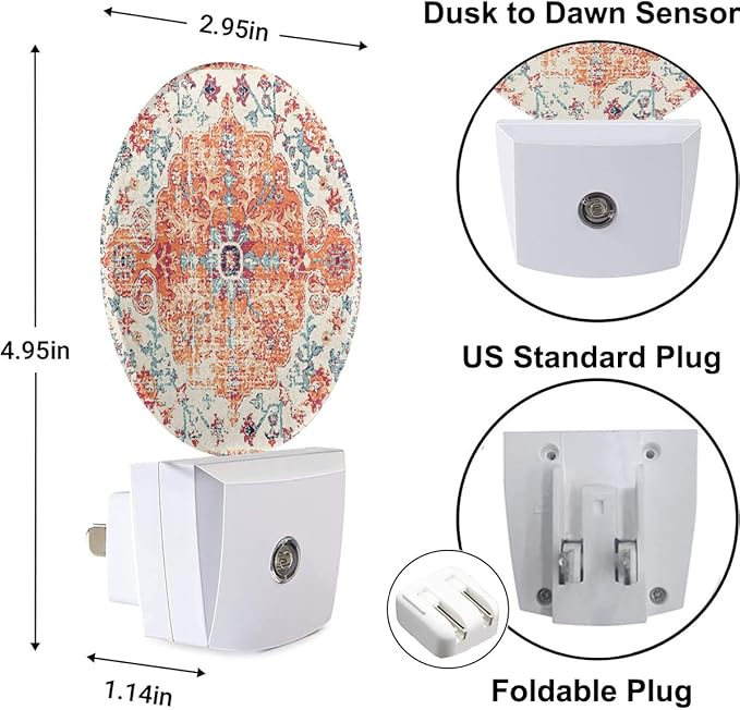 Boho Mandala Night Light Vintage Floral Flowers Carpet Pattern Night Lights Plug into Wall 0.5W LED Lighting Auto on/Off for Hallway Stairway Kitchen Home Decor