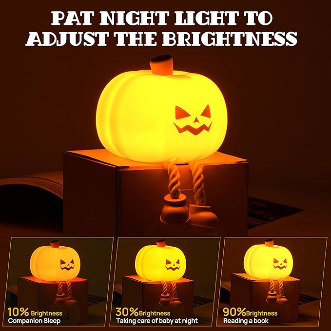 Pumpkin Night Light, Cute LED Pumpkin Lamp with 3 Level Dimmable, Nursery Nightlight for Kids, Silicone Rechargeable Bedside Touch Lamp, Funny Office Desk and Halloween Decor Toy for Woman and Kids