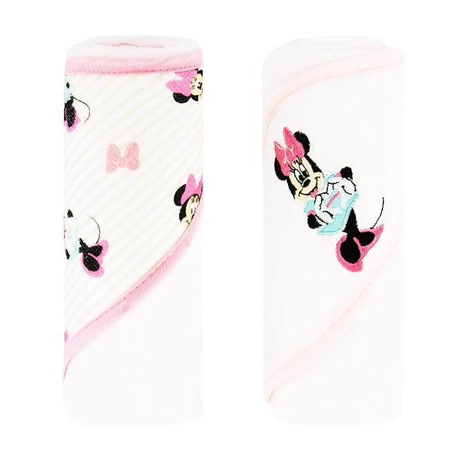 Disney Cudlie Baby Girl Minnie Mouse 2 Pack Rolled/Carded Hooded Towels in Tiny Stripe Print