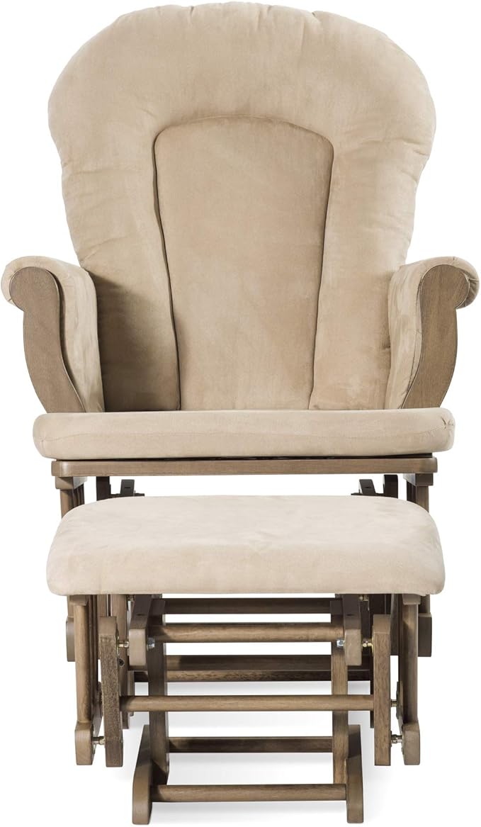 Child Craft Cozy Glider Rocker and Ottoman Set, Padded Cushion with Convenient Storage Pockets, Solid Wood Base & Frame (Dusty Heather with Beige Cushion)