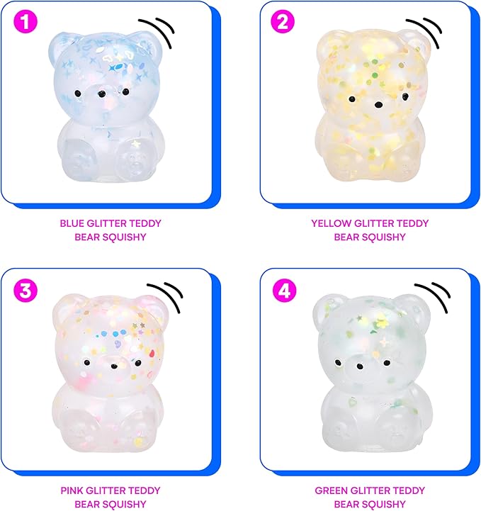 Neliblu Set of 4 Glitter Teddy Bear Squishies - Calming Sensory Toy for Stress Relief, Autism, ADHD - Cute Bear with Huggable Shapes - Gold Silver Pink Purple - Gift for Kids