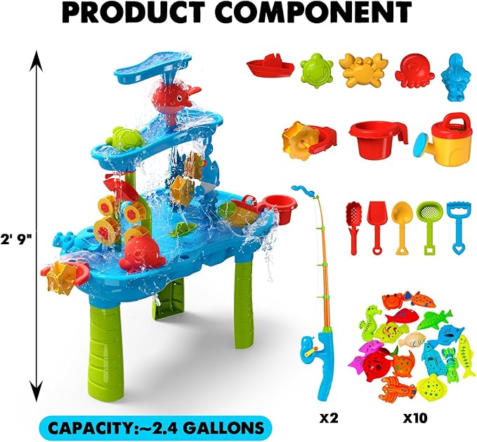 CozyBomB™ Water Table for Toddlers 3-5 | Outdoor Toys Water Play Table, Magnetic Fishing Toy Game, Summer Splash Pond Showers Sand Activity, Sensory Party Birthday Gift Kids Ages 4-8 9-12 (3-Tiers)