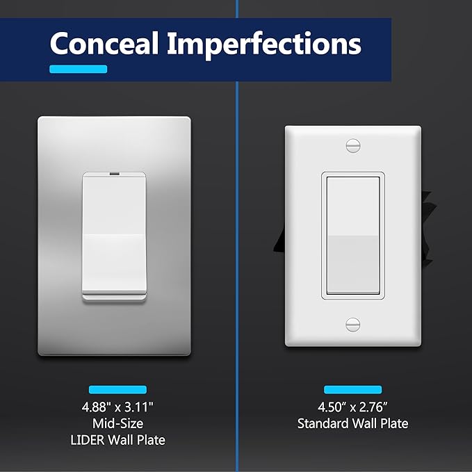 LIDER Decorator Metal Wall Plate, Temperature and Impact Resistant, 201 Stainless Steel, Screwless Cover, Modern Decoration Upgrade, Mid-Size 1-Gang 4.88" x 3.11", Polished Chrome, LSMWP-31M-PC