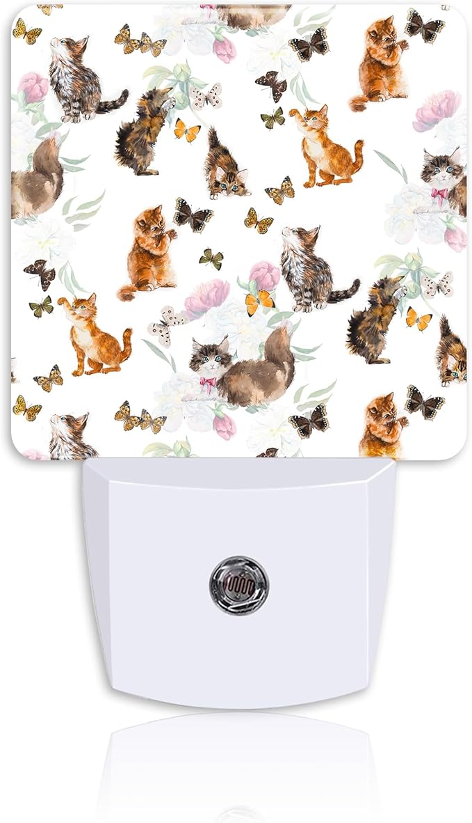 Cute Cats Butterflies Night Light,Watercolor Peony Plug-in Night Light Auto Dusk-to-Dawn Sensor Energy Efficient LED Lamp for Room Decor,Hallway,Kitchen,Bathroom,Nursery,Stairs