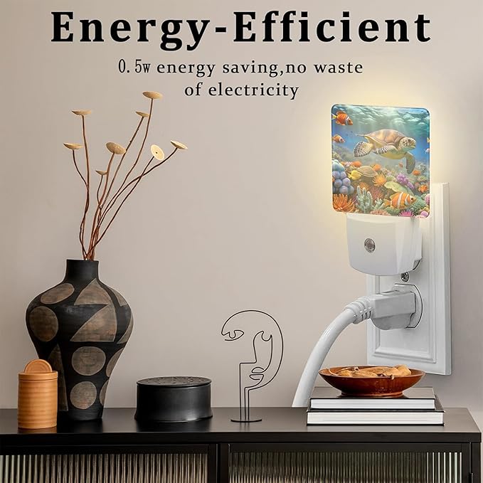 Giant Turtle in Coral Reefs Night Light, Underwater World Marine Fish Corals Dusk to Dawn Night Light Plug in, 0.5w Energy Saving Sleep Friendly NightLight for Kids Boys Girls Home Decor