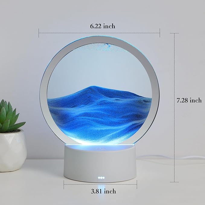 Moving Sand Art Liquid Motion, 3D Deep Sea Sandscape Color Quicksand Decor, Round Glass Moving Sand Art Picture Relaxing Desktop Home Office Work Decor (Blue, 6 inch)