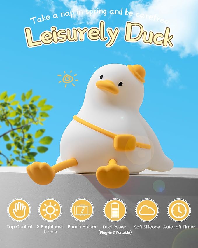 Kids Night Light Duck Design, Silicone Tap Control Bedside Lamp with Time Auto-Off, Cute Portable LED Nursery Light for Baby, Toddler, Bedroom