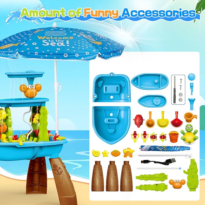 Outdoor Sand & Water Table for Kids Ages 3-8 - Sensory Play Table with Electric Water Pump, Umbrella, & Accessories for Backyard Fun