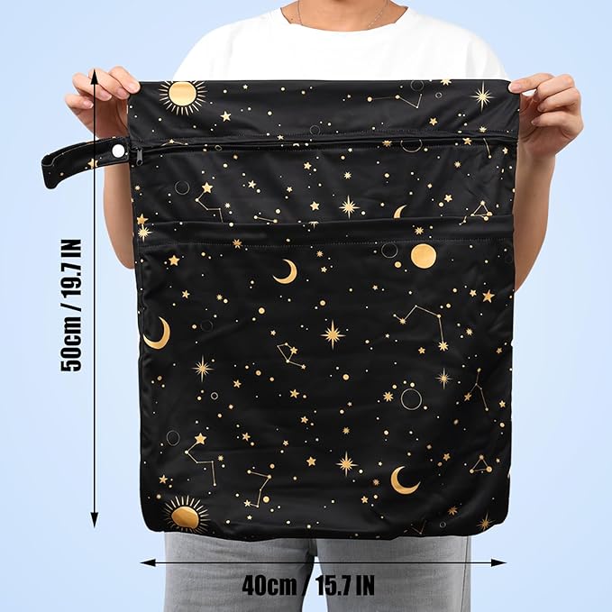 2pcs Travel Waterproof Laundry Bag, Cloth Diaper Wet Dry Bags with Handle & 2 Zipper Pockets, Reusable Washable Dirty Clothes Bag for Baby Adult Travelling Hanging, Bathing Beach Pool Daycare