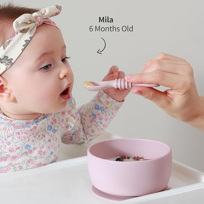 SAMiGO Silicone Baby Bowl and Spoon Set with Suction and Lid, First Stage Self Feeding Essentials, Food Bowl for 6+ Months