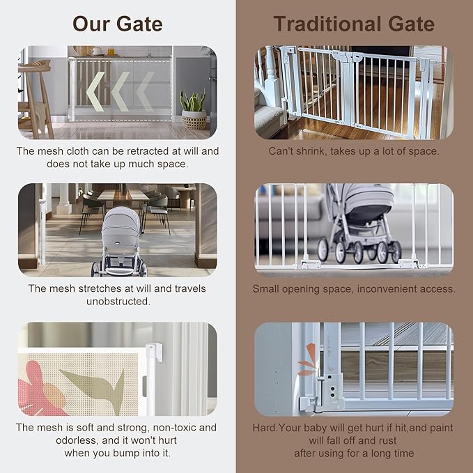 Retractable Baby Gate Child Safety 34" Tall x 55” Wide, Mesh, for Stairs, Doorways, Dogs, Pets, Indoor, Outdoor, One-Handed Operation, Locking, Easy Install, Hardware Mount, Flowers