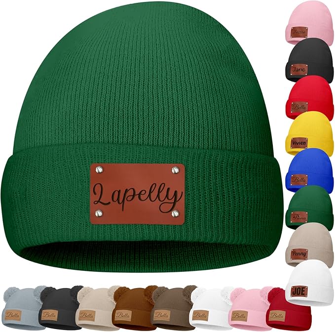 Custom Baby Beanies Personalized Toddler Winter Hats Name Leather Patch Kids Knit Warm Hat for Infant Boys Girls Adult