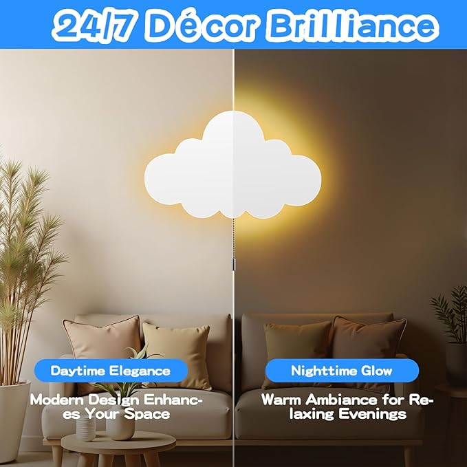 2 Pack Cloud Light - Battery-Powered Wall Lamp for Nursery, Kids Bedroom & Baby Room, 3000K Warm Night Light with Pull-String Switch, Cordless 3.7V, Lightweight 13x8in (No Charging Needed)