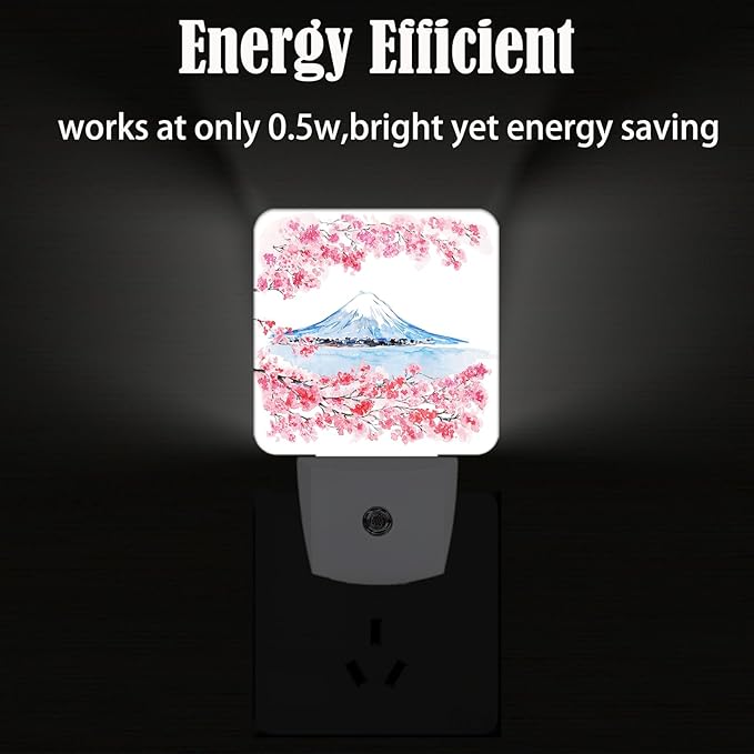 Cherry Blossoms Mount Fuji Night Light,Plug-in Night Lights with Dusk-to-Dawn Sensor for Stairway,Hallway,Bedroom Sleep Friendly Ideal for Women/Girls/Boys Gift,0.5w