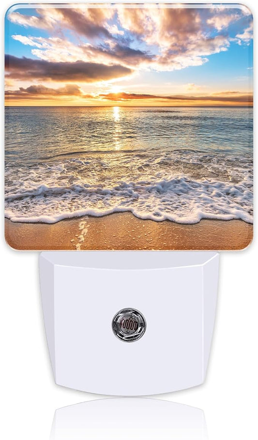 Colorful Ocean Beach at Sunrise Night Light Plug into Wall with Dusk to Dawn Sensor Cute Nightlight for Kid Girls Boys Women Men Room Decor, Hallway, Kitchen, Bathroom, Nursery, Stairs