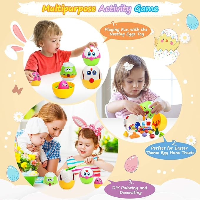 Easter Egg Toys for Toddler, 8 Pcs Nesting & Stacking Chicks Matching Toys, Plastic Eggs Fillable, Easter Basket Stuffers, Gift for Unisex 18 months+