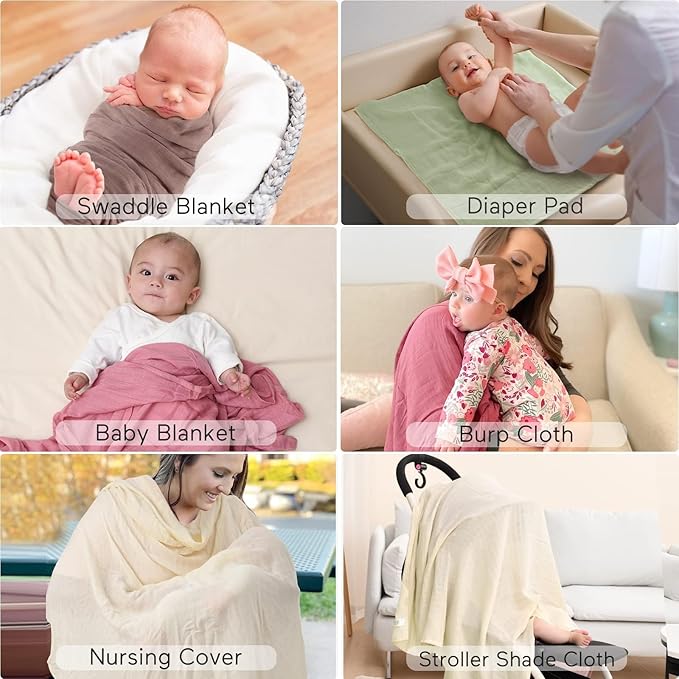 Momcozy Muslin Swaddle Blankets, 4 Pack Ultra Soft Neutral Matching Baby Swaddle Blanket, Breathable Skin Friendly, Large 47 x 47 Inch Swaddling Receiving Blanket for Boy Girl, Light Green