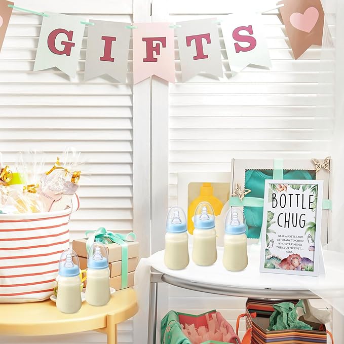 Roowest Bottle Chug Baby Shower Game Favors Including Dinosaur Theme Wooden Sign and 18 Pcs Baby Bottles for Gender Reveal Party Supplies