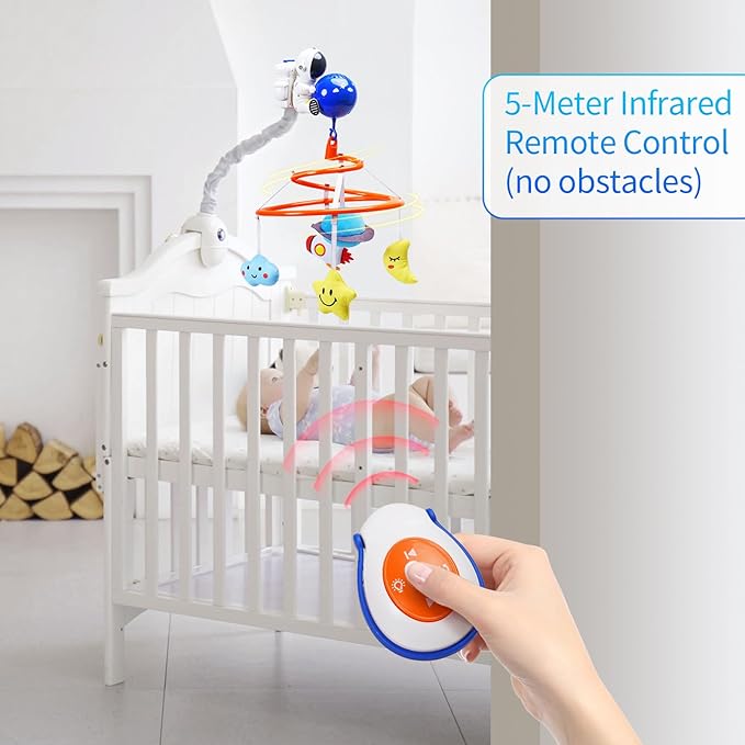Baby Crib Mobile with Music Box, Remote Control, Rotating Space Theme Toys, Projection Light, White Noise, 0-12 Months