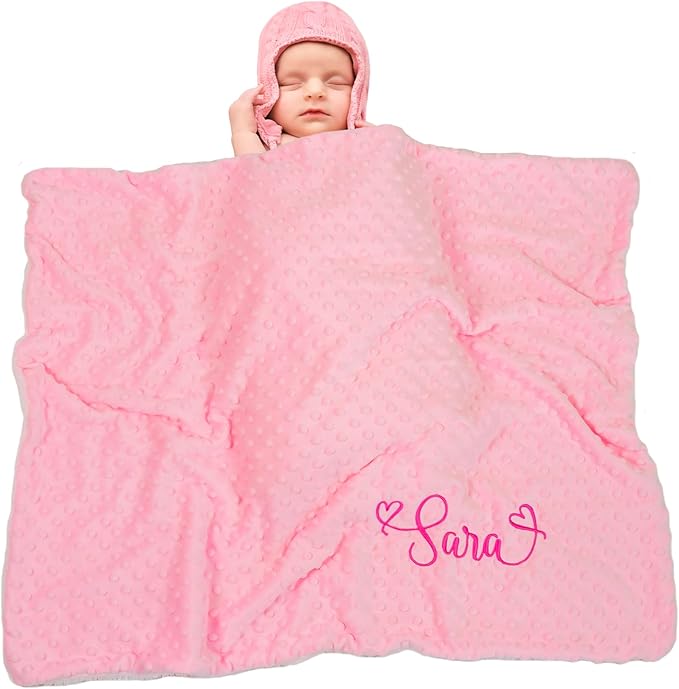 Personalized Baby Blankets for Girls and Boys, Custom Baby Blanket with Name, Embroidered Soft Minky Fleece Customized Nursery Blanket, Newborn Shower Christening Birthday Gift, 27 * 35 Inch