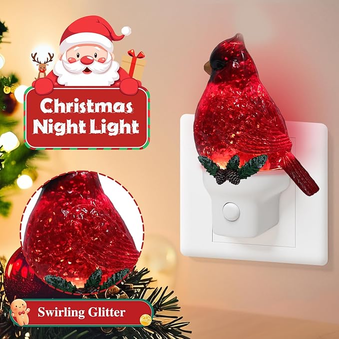 Christmas Cardinal Night Light Plug into Wall Glitter Water Nightlight with USB/Outlet Options, Christmas Decorative Nightlight for Bedroom Kitchen Nursery Hallway Holiday Decorations Gifts (Cardinal)
