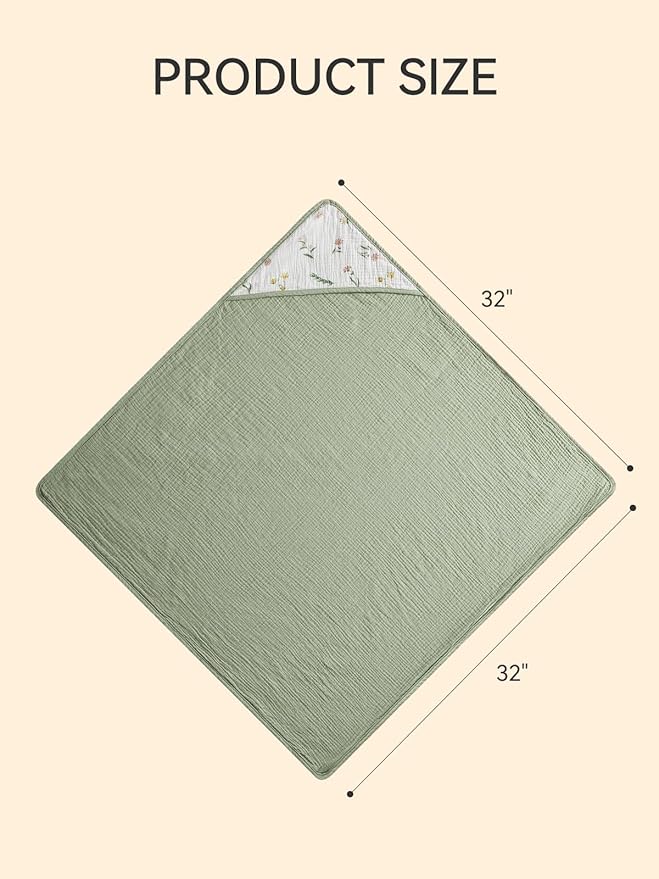 TILLYOU Muslin Hooded Baby Towels for Newborn 2 Pack, 32x32Inch Soft Baby Bath Towel Highly Absorbent for Newborn and Infant, Essential for Newborn Care, Daisy