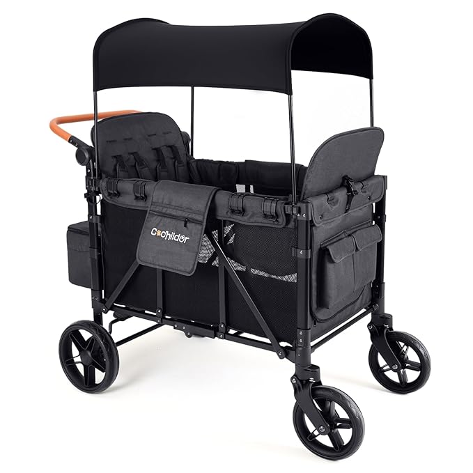 Elite 4-Seater Wagon Stroller for 2-4 Kids, One-Hand Fold, High Seats with 5 Point Harness, Adjustable Handle & Canopy, Dark Gray