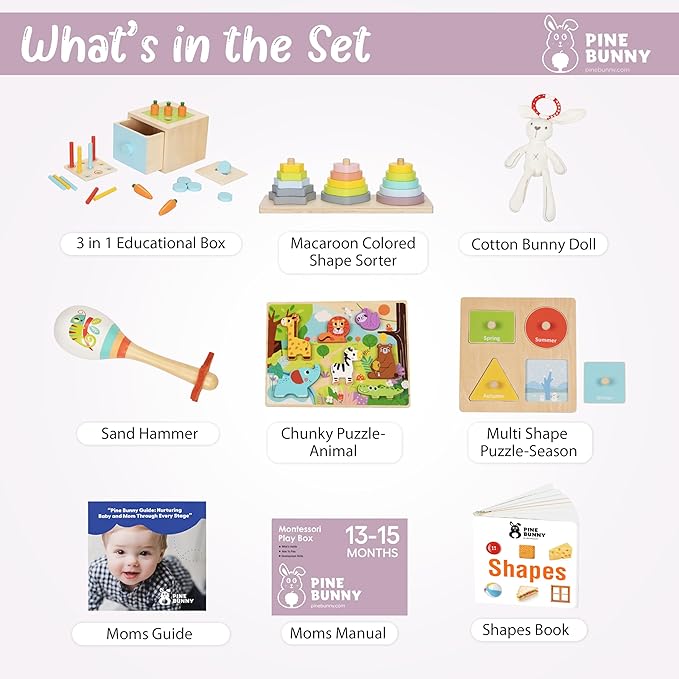 Pine Bunny Montessori Wooden 11-in-1 Toy Set for 13+ Months 3-in-1 Coins Carrots Matchsticks box Shape Sorter Bunny Doll Sand Hammer Animal Puzzle Educational Learning and Problem Solving Toddler Toys