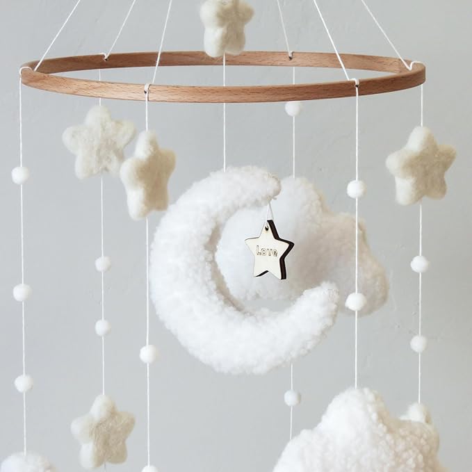 Boho Cloud Moon Crib Mobile Boho Baby Mobile for Crib Neutral Clouds, Moon & Stars Design Nursery Mobile for Boys & Girls