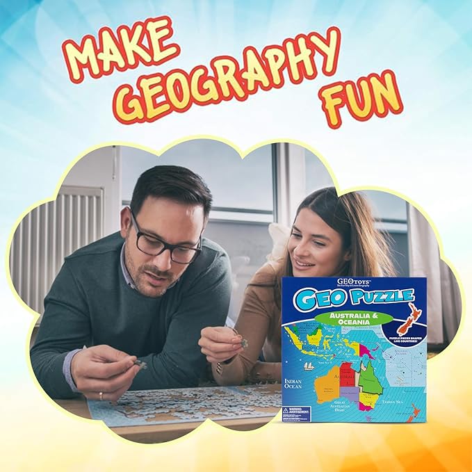 GeoToys GeoPuzzle, Australia & Oceania Shaped Jigsaw Puzzles, 70 Pc Geography Puzzle, Geography Game, Map Puzzle - Jigsaw Puzzles for Kids Ages 6-9 Years Old