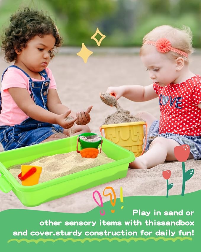 Sensory Bin Sand Tray with Lid for Toddlers 2 Pcs 15in Portable Sandbox Toy Large Plastic Tray for Kids 3 4 5 6 Fill with Sand, Water, Beads, and More (Green+Blue)