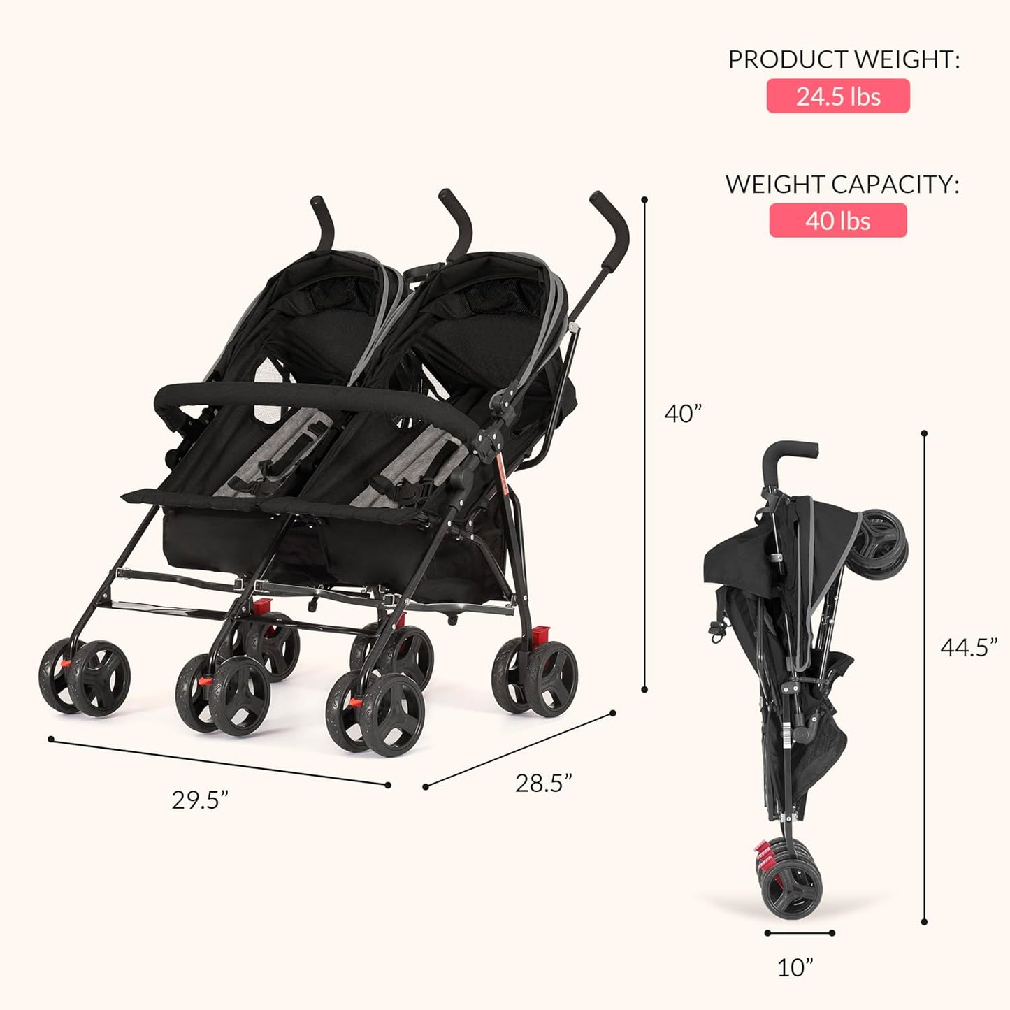 Dream On Me Volgo Twin Umbrella Stroller in Black, Lightweight Double Stroller for Infant & Toddler, Compact Easy Fold, Large Storage Basket, Large and Adjustable Canopy