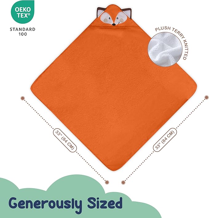 Mother's Choice Organic Baby Hooded Towel Ultra Soft & Absorbent Bath Wearable for Newborns, Infants, 3D Orange Fox Design