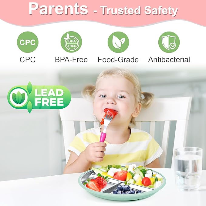 Bella’s Friends Stainless Steel Baby Plates with Suction 3 Pack, 8” Divided Toddler Plates with Removable Silicone Sleeves for Mess-Free Feeding, Non-Toxic, Non-Slip, Dishwasher Safe, beige,pink,green
